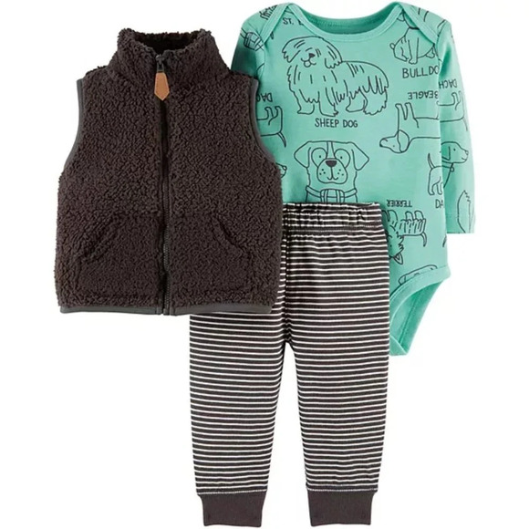 Carter's Baby Boy Sherpa Vest, Dog Bodysuit & Pants Set in Size 9 M - Picture 1 of 7